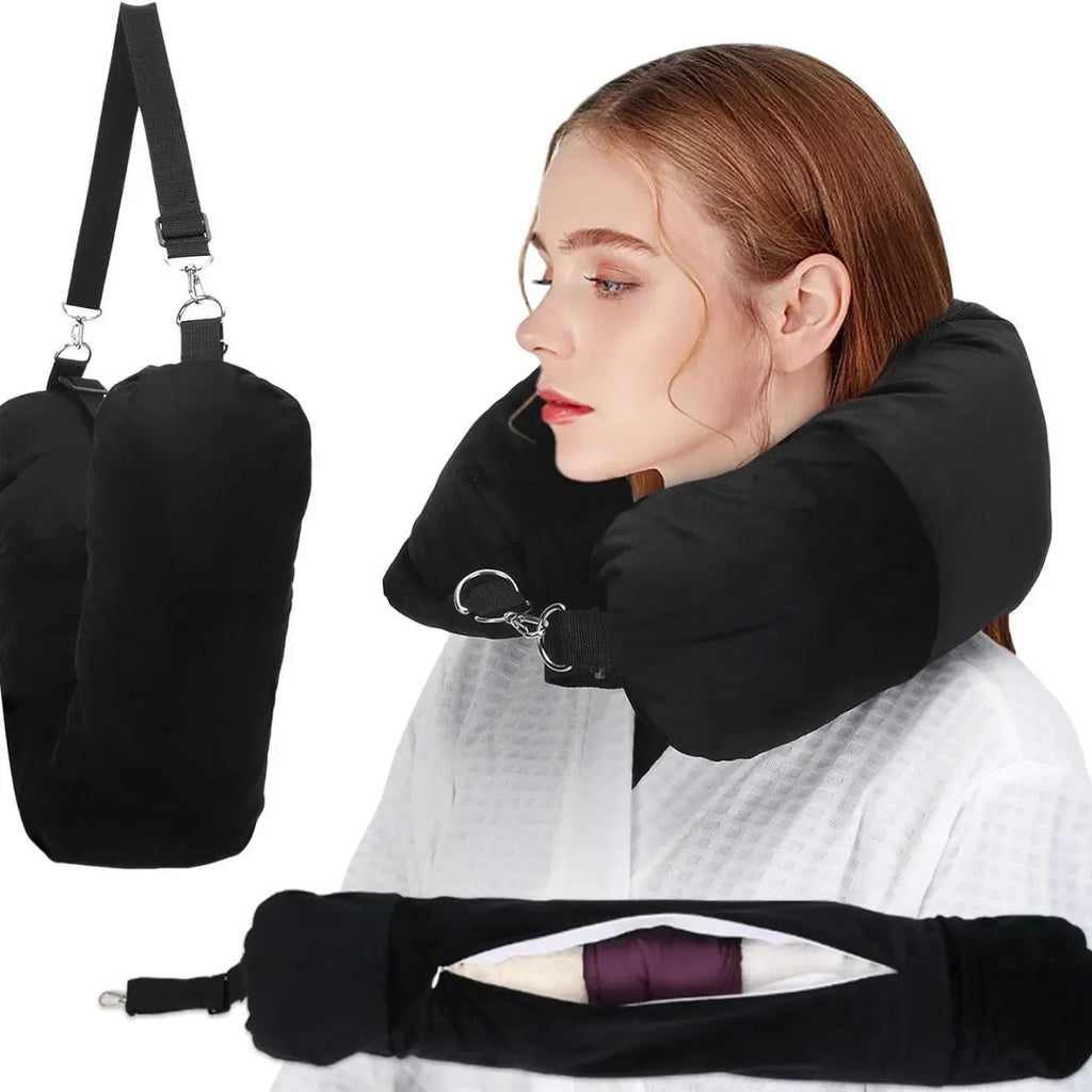 Funda de almohada de cuello en U de terciopelo – Rellenable con ropa, para viajes en avión