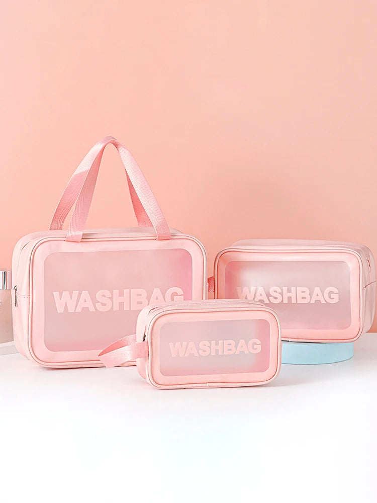 Neceser de viaje transparente PVC – Set 3 piezas con cremallera, bolsa maquillaje portátil