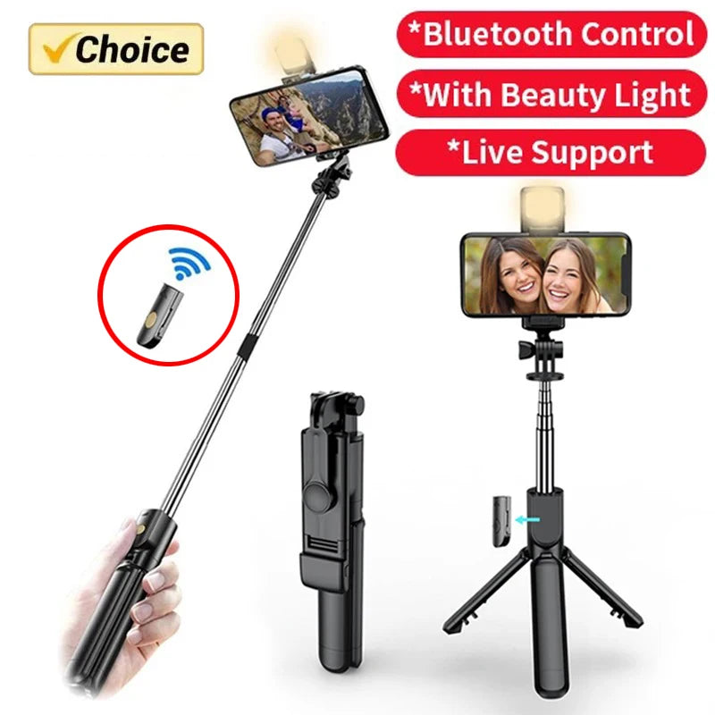 Palo selfie con trípode, luz LED y mando Bluetooth – Extensible hasta 71 cm