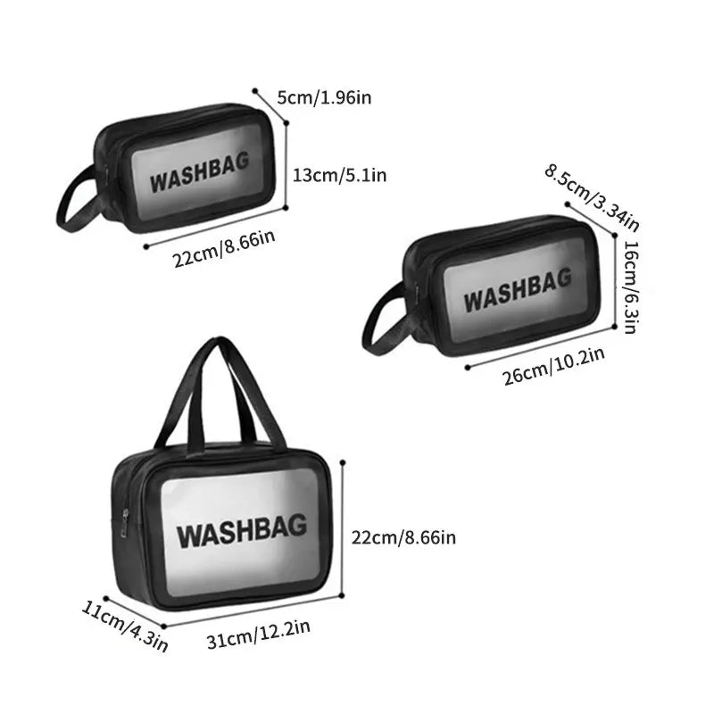 Neceser de viaje transparente PVC – Set 3 piezas con cremallera, bolsa maquillaje portátil
