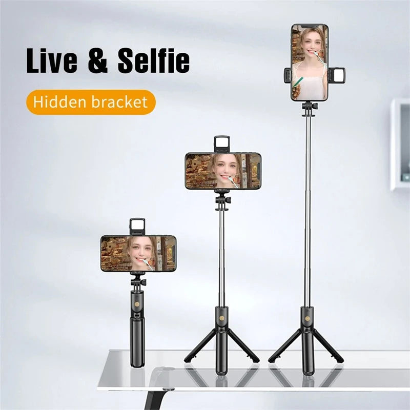 Palo selfie con trípode, luz LED y mando Bluetooth – Extensible hasta 71 cm