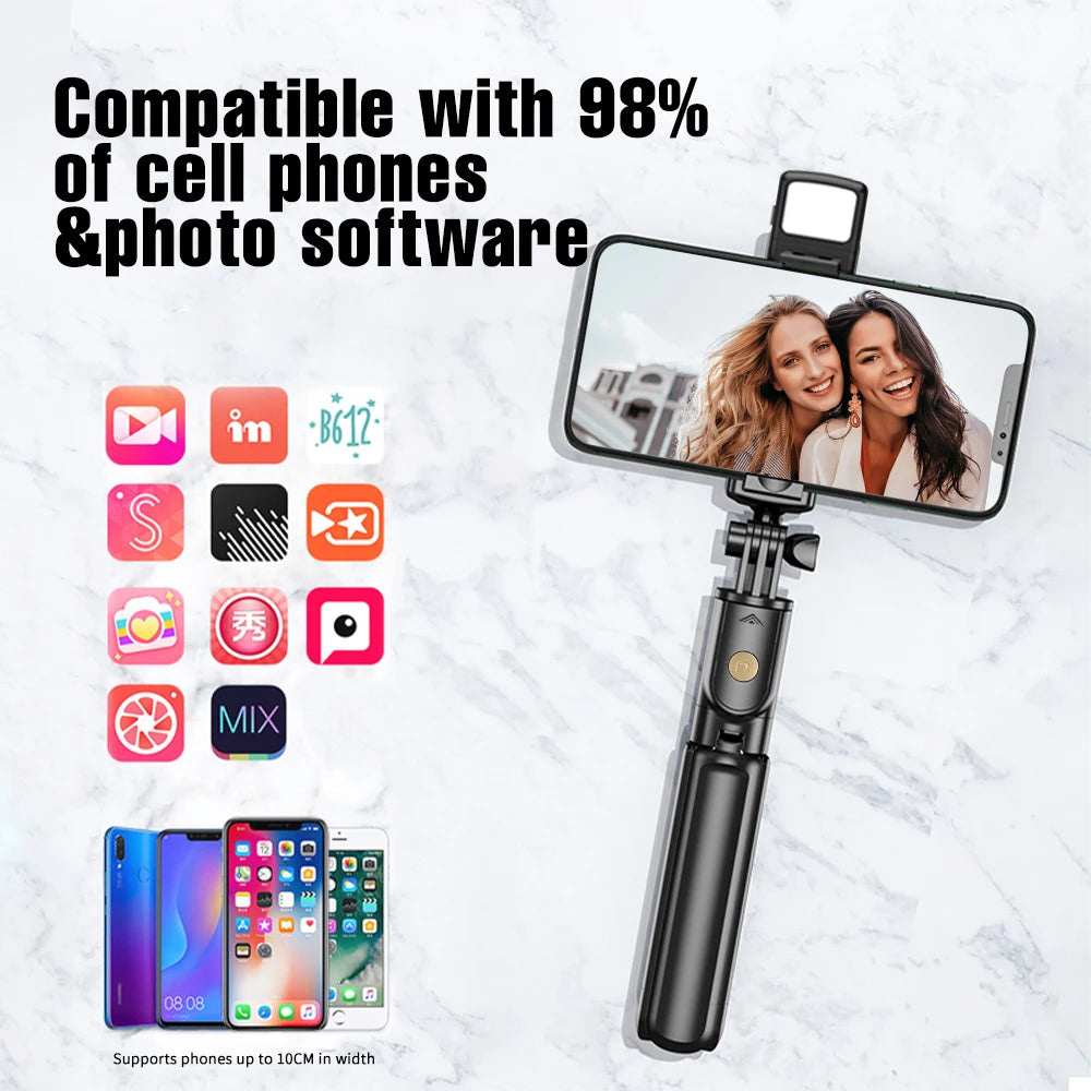 Palo selfie con trípode, luz LED y mando Bluetooth – Extensible hasta 71 cm