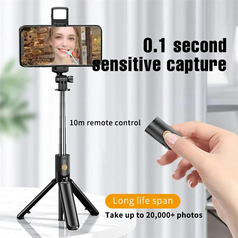 Palo selfie con trípode, luz LED y mando Bluetooth – Extensible hasta 71 cm