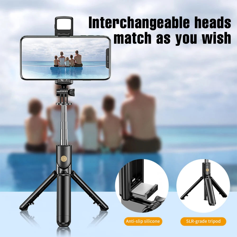 Palo selfie con trípode, luz LED y mando Bluetooth – Extensible hasta 71 cm