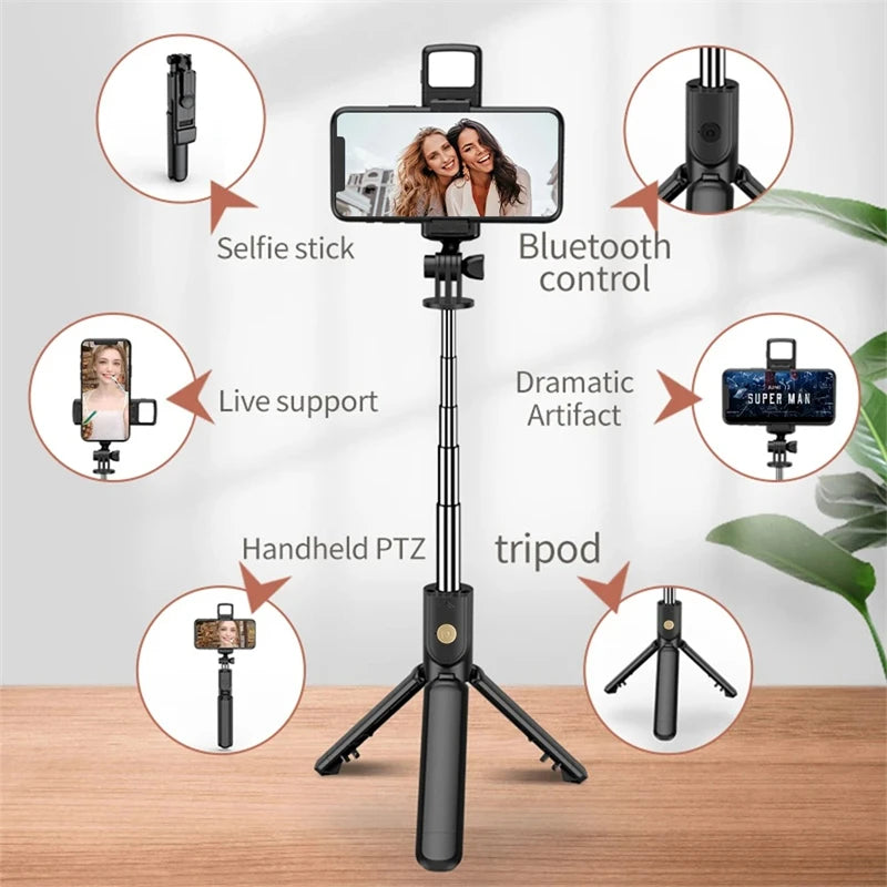 Palo selfie con trípode, luz LED y mando Bluetooth – Extensible hasta 71 cm