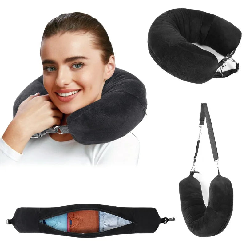 Funda de almohada de cuello en U de terciopelo – Rellenable con ropa, para viajes en avión