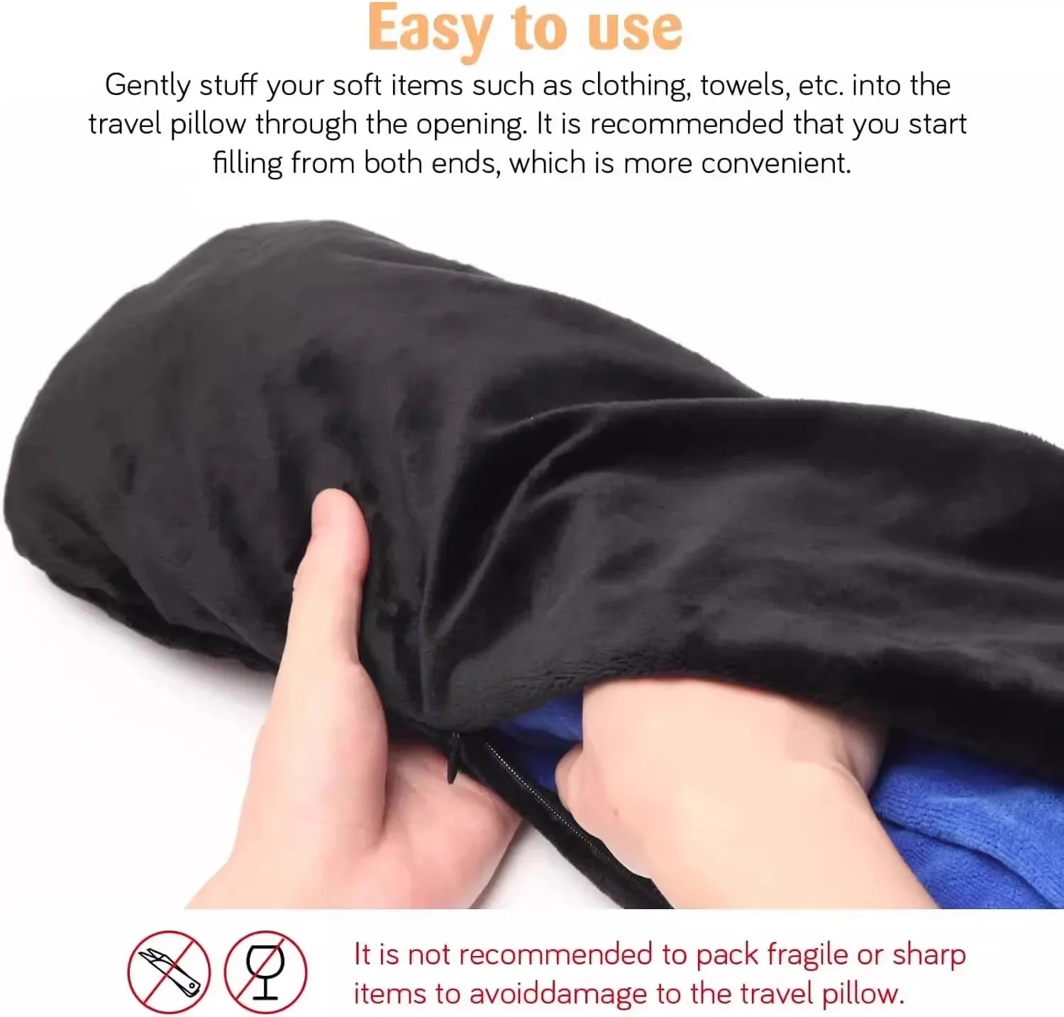 Funda de almohada de cuello en U de terciopelo – Rellenable con ropa, para viajes en avión