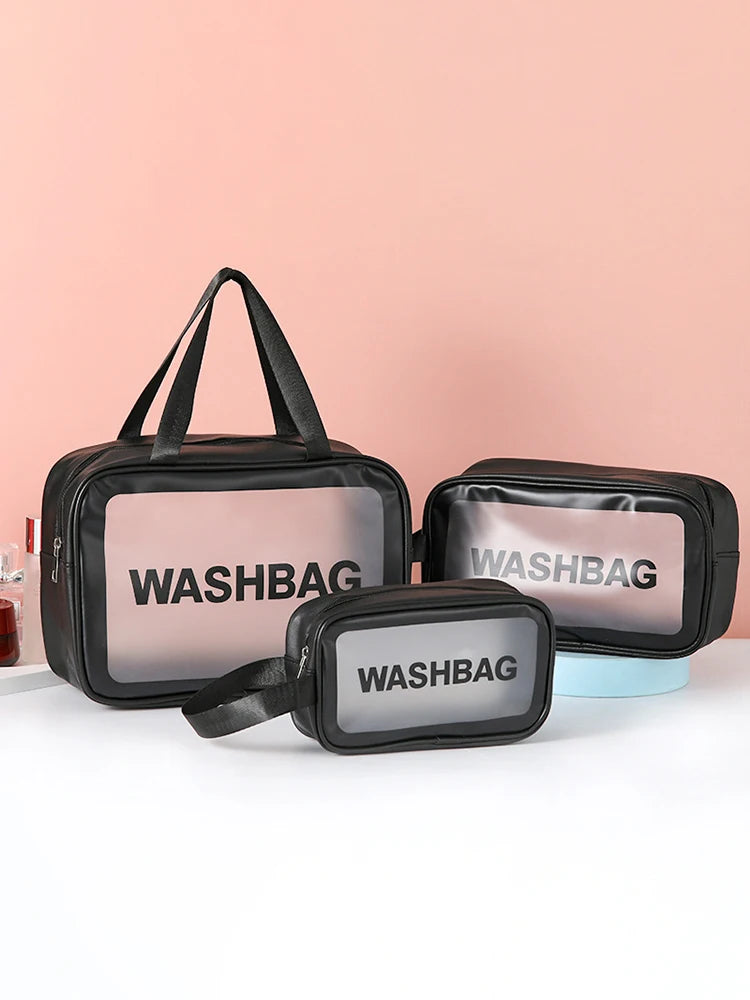 Neceser de viaje transparente PVC – Set 3 piezas con cremallera, bolsa maquillaje portátil