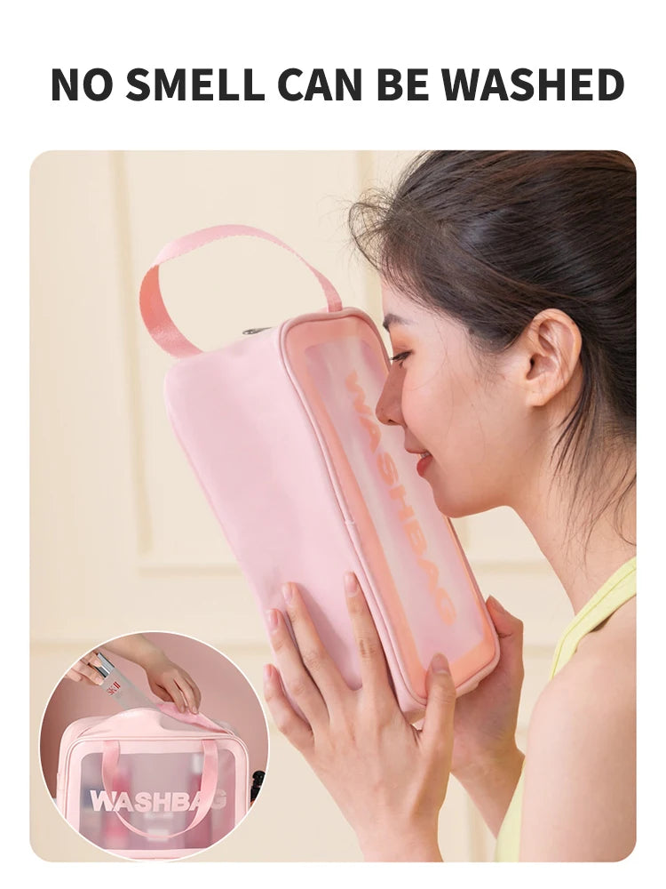 Neceser de viaje transparente PVC – Set 3 piezas con cremallera, bolsa maquillaje portátil